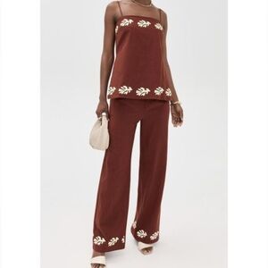 Women's Brown Embroidered Wide-Leg Pant